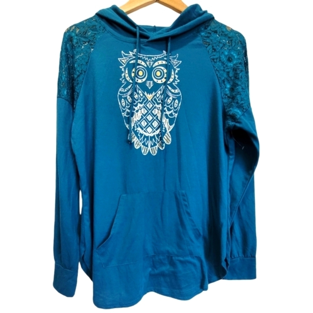XL Juniors Teal Owl Graphic Lace Kangaroo Pocket Long Sleeve Hooded T-Shirt